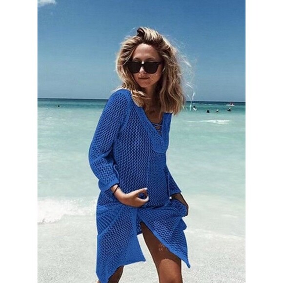 Women’s Blue Crochet Longsleeve Mini Swimwear Cover Up-One size - Picture 1 of 9